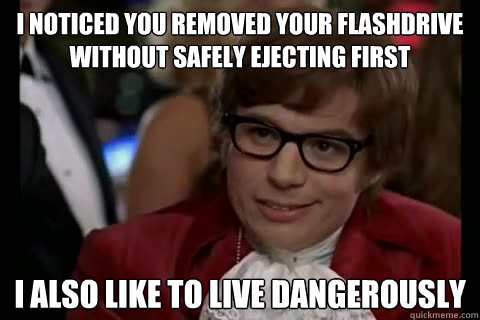 I noticed you removed your flashdrive without safely ejecting first i also like to live dangerously  Dangerously - Austin Powers