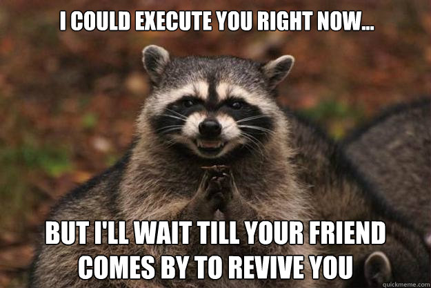 I could Execute you right now... but i'll wait till your friend comes by to revive you - I could Execute you right now... but i'll wait till your friend comes by to revive you  Evil Plotting Raccoon