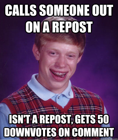 Calls someone out on a repost isn't a repost, gets 50 downvotes on comment  Bad Luck Brian