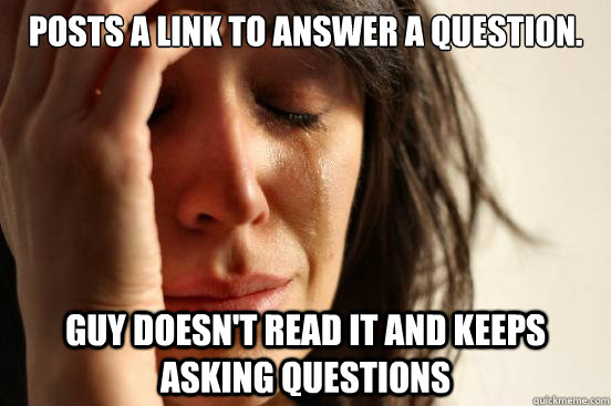 posts a link to answer a question. guy doesn't read it and keeps asking questions   First World Problems