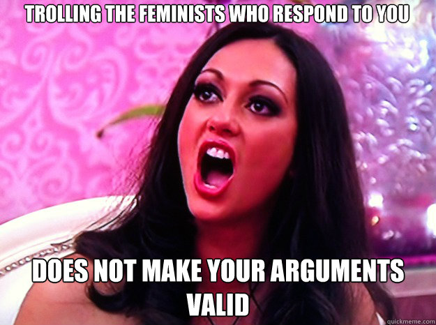 trolling the feminists who respond to you does not make your arguments valid  Feminist Nazi