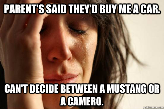 Parent's said they'd buy me a car. Can't decide between a Mustang or a Camero.  First World Problems