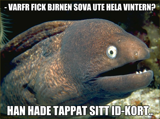 - Varför fick björnen sova ute hela vintern?
 Han hade tappat sitt ID-kort.. Caption 3 goes here  Bad Joke Eel