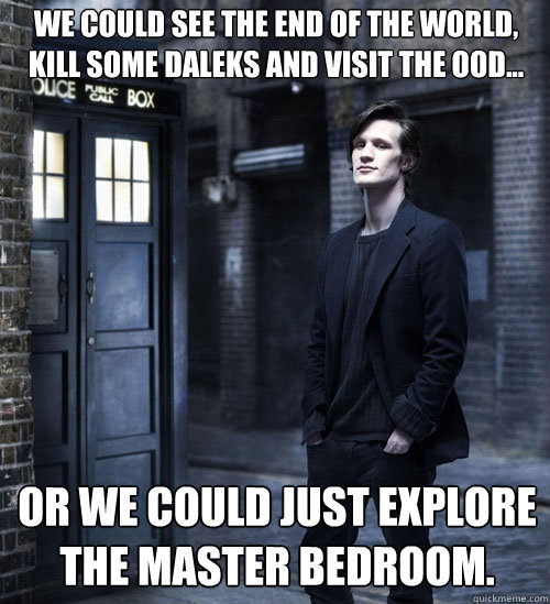 We could see the end of the world, kill some daleks and visit the Ood... Or we could just explore the master bedroom. - We could see the end of the world, kill some daleks and visit the Ood... Or we could just explore the master bedroom.  Cocky Doctor Who