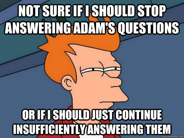 Not sure if I should stop answering adam's questions  Or if i should just continue insufficiently answering them  Futurama Fry