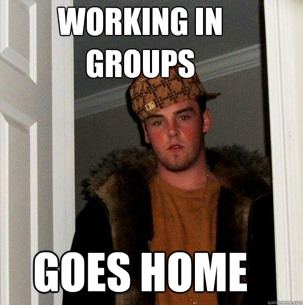 WORKING IN
GROUPS  GOES HOME - WORKING IN
GROUPS  GOES HOME  Scumbag Steve