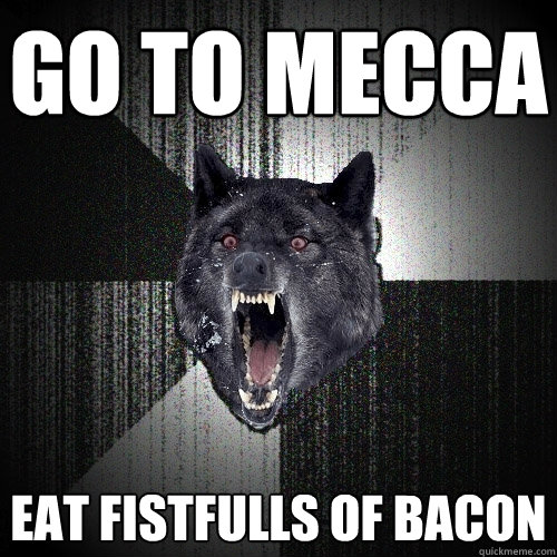 Go to mecca eat fistfulls of bacon  Insanity Wolf