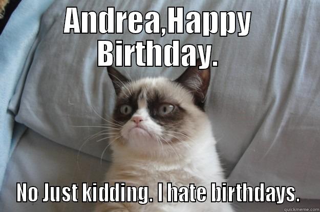 ANDREA,HAPPY BIRTHDAY. NO JUST KIDDING. I HATE BIRTHDAYS. Grumpy Cat