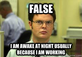 FALSE I am awake at night usually because I am working  Dwight False