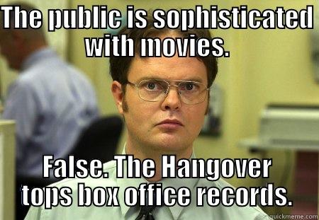 The Hangover - THE PUBLIC IS SOPHISTICATED WITH MOVIES. FALSE. THE HANGOVER TOPS BOX OFFICE RECORDS. Schrute