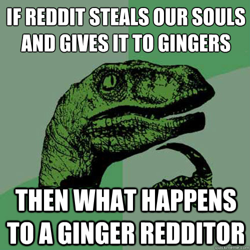 if reddit steals our souls
and gives it to gingers then what happens to a ginger redditor - if reddit steals our souls
and gives it to gingers then what happens to a ginger redditor  Philosoraptor