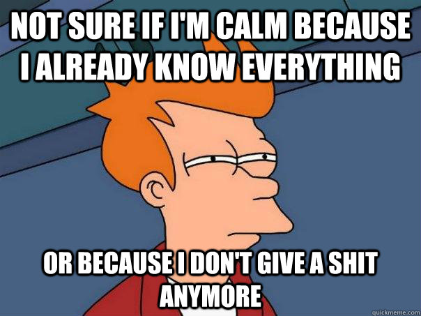 Not sure if I'm calm because I already know everything Or because I don't give a shit anymore  Futurama Fry