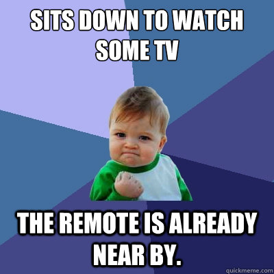 sits down to watch some TV the remote is already near by.  - sits down to watch some TV the remote is already near by.   Success Kid