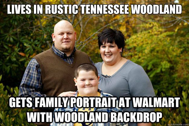 Lives in Rustic Tennessee Woodland Gets family portrait at WalMart with woodland backdrop  Happy American Family