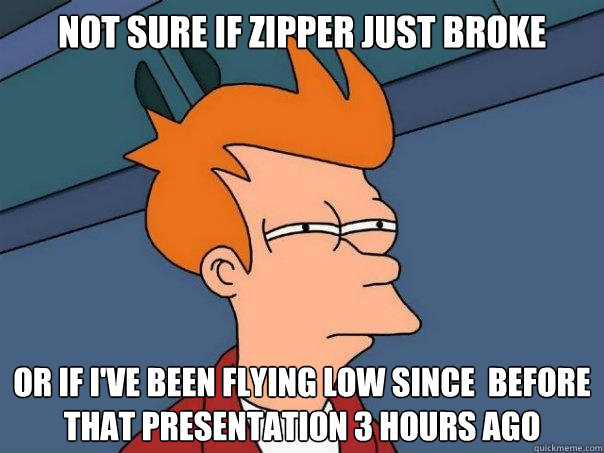 Not sure if zipper just broke Or if i've been flying low since  before that presentation 3 hours ago  Futurama Fry