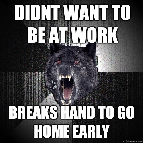 Didnt want to be at work Breaks hand to go home early  Insanity Wolf