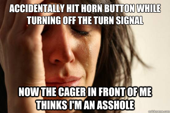 Accidentally hit horn button while turning off the turn signal Now the cager in front of me thinks i'm an asshole - Accidentally hit horn button while turning off the turn signal Now the cager in front of me thinks i'm an asshole  First World Problems