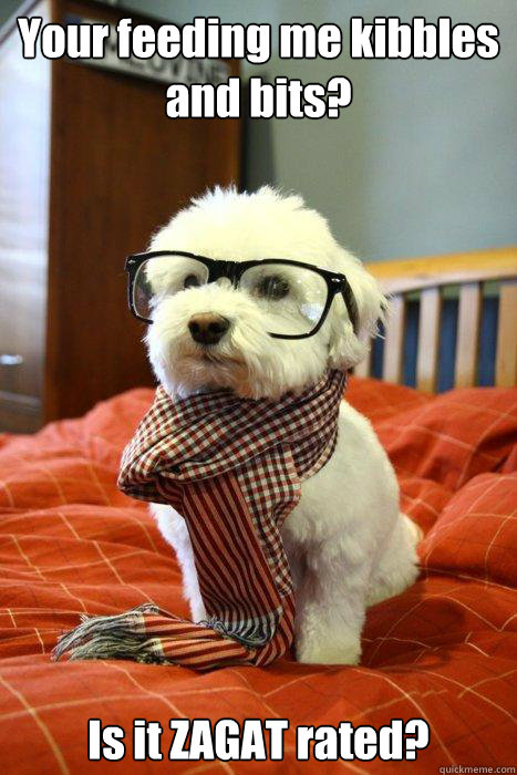 Your feeding me kibbles and bits? Is it ZAGAT rated?  Hipster Dog