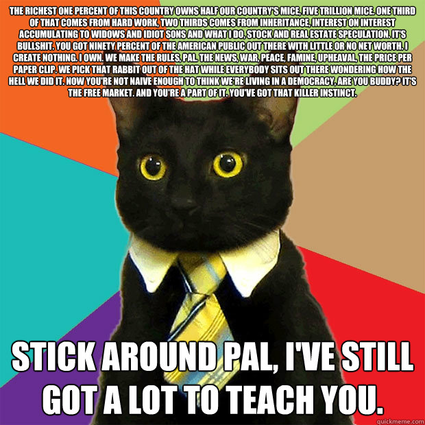The richest one percent of this country owns half our country's mice, five trillion mice. One third of that comes from hard work, two thirds comes from inheritance, interest on interest accumulating to widows and idiot sons and what I do, stock and real e  Business Cat