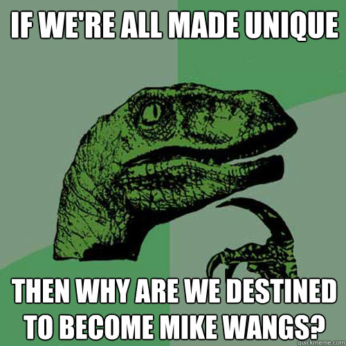 If we're all made Unique Then why are we destined to become Mike Wangs? - If we're all made Unique Then why are we destined to become Mike Wangs?  Philosoraptor