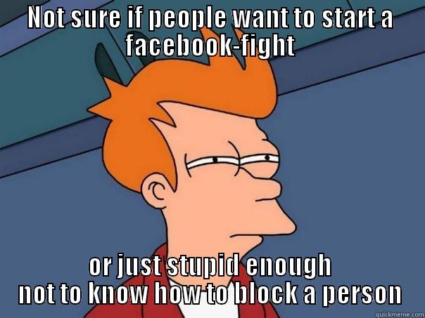 NOT SURE IF PEOPLE WANT TO START A FACEBOOK-FIGHT OR JUST STUPID ENOUGH NOT TO KNOW HOW TO BLOCK A PERSON Futurama Fry