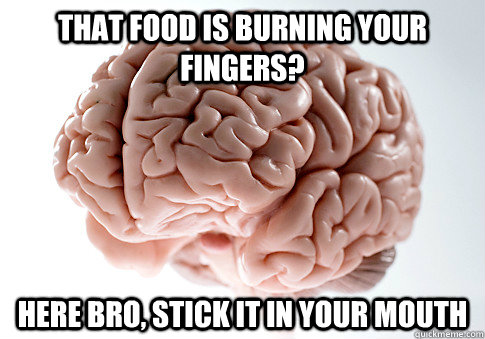 THAT FOOD IS BURNING YOUR FINGERS? HERE BRO, STICK IT IN YOUR MOUTH   Scumbag Brain