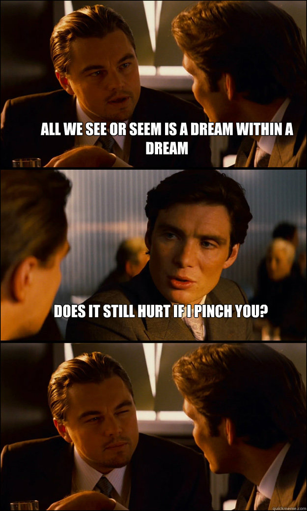 all we see or seem is a dream within a dream does it still hurt if i pinch you?  - all we see or seem is a dream within a dream does it still hurt if i pinch you?   Inception