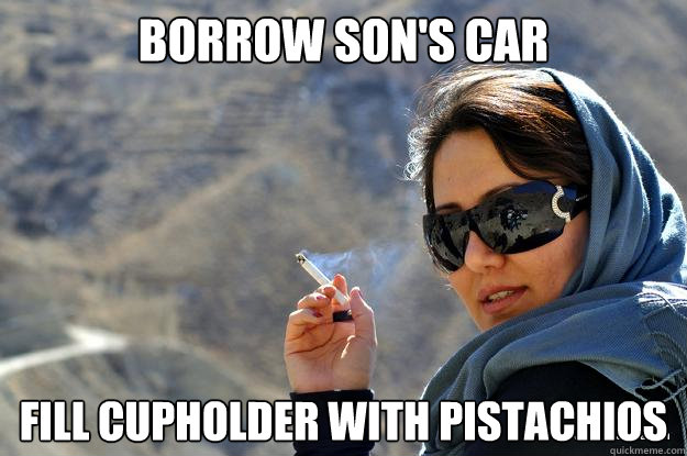 borrow son's car fill cupholder with pistachios  PERSIAN MOM