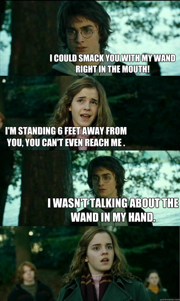 I could smack you with my wand right in the mouth! I'm Standing 6 feet away from you, you can't even reach me . I wasn't talking about the wand in my hand. - I could smack you with my wand right in the mouth! I'm Standing 6 feet away from you, you can't even reach me . I wasn't talking about the wand in my hand.  Horny Harry