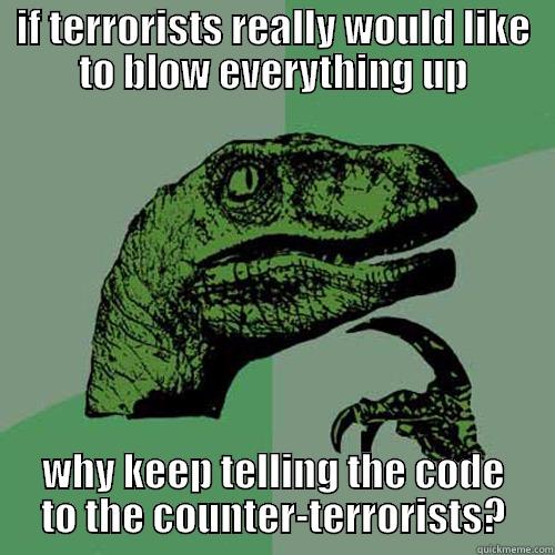 hahhahahaha omg so funny - IF TERRORISTS REALLY WOULD LIKE TO BLOW EVERYTHING UP WHY KEEP TELLING THE CODE TO THE COUNTER-TERRORISTS? Philosoraptor