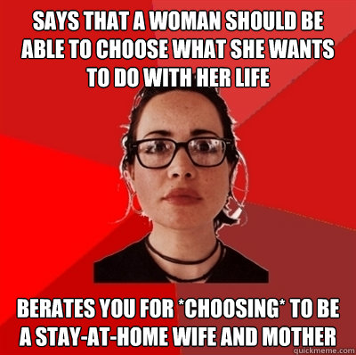 says that a woman should be able to choose what she wants to do with her life berates you for *choosing* to be a stay-at-home wife and mother  Liberal Douche Garofalo