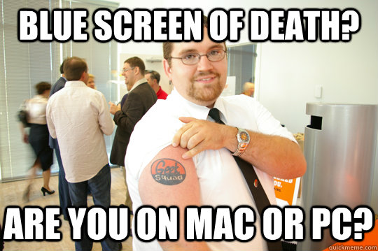 Blue screen of death? Are you on mac or pc?  GeekSquad Gus