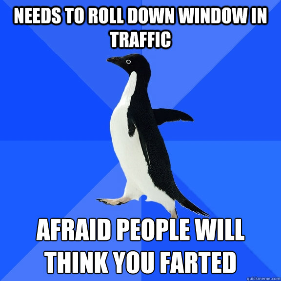 needs to roll down window in traffic afraid people will think you farted - needs to roll down window in traffic afraid people will think you farted  Socially Awkward Penguin