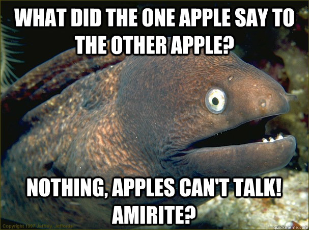 What did the one apple say to the other apple? Nothing, apples can't talk! AMIRITE?  Bad Joke Eel