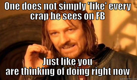 One does not like every crap - ONE DOES NOT SIMPLY 'LIKE' EVERY CRAP HE SEES ON FB JUST LIKE YOU ARE THINKING OF DOING RIGHT NOW Boromir