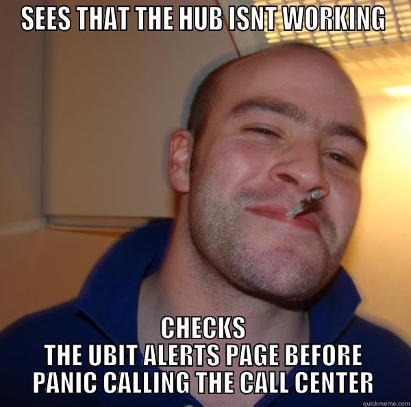 balls piss - SEES THAT THE HUB ISNT WORKING CHECKS THE UBIT ALERTS PAGE BEFORE PANIC CALLING THE CALL CENTER Good Guy Greg 