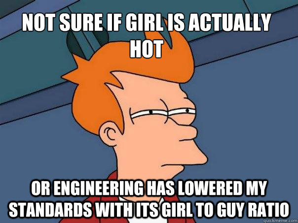 Not sure if girl is actually hot Or engineering has lowered my standards with its girl to guy ratio  Futurama Fry