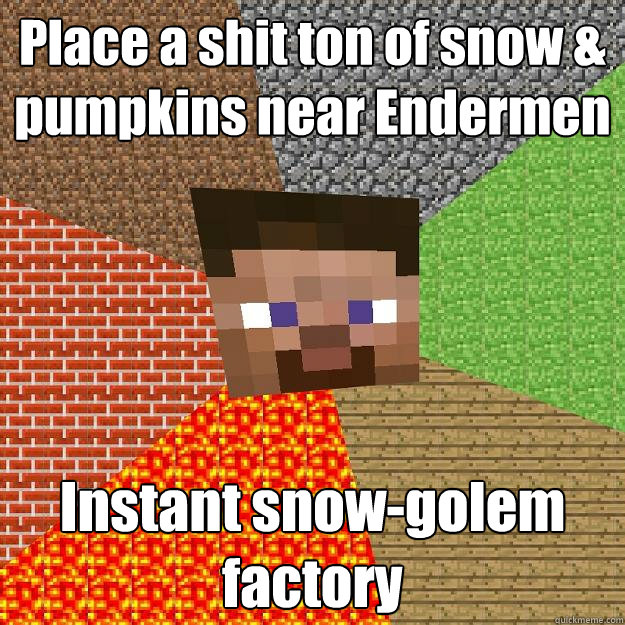 Place a shit ton of snow & pumpkins near Endermen Instant snow-golem factory  Minecraft