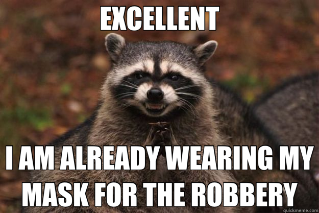 EXCELLENT I AM ALREADY WEARING MY MASK FOR THE ROBBERY  Evil Plotting Raccoon