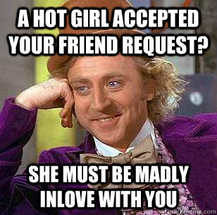 a hot girl accepted your friend request? she must be madly inlove with you  Condescending Wonka