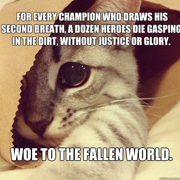  for every champion who draws his second breath, a dozen heroes die gasping in the dirt, without justice or glory. Woe to the fallen world.  Emo Cat