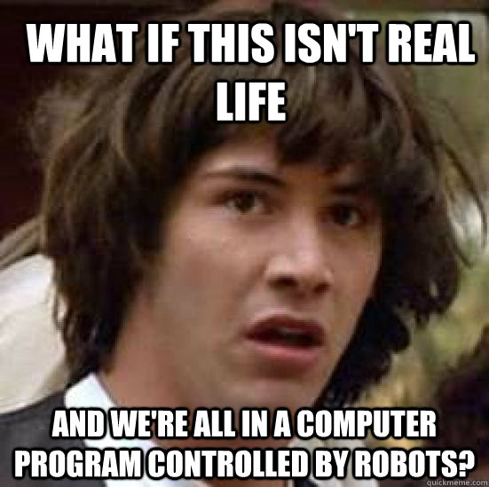 What if this isn't real life  And we're all in a computer program controlled by robots?  conspiracy keanu