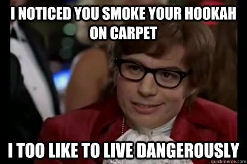 I noticed you smoke your hookah on carpet i too like to live dangerously  Dangerously - Austin Powers