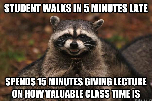 Student walks in 5 minutes late Spends 15 minutes giving lecture on how valuable class time is  Evil Plotting Raccoon