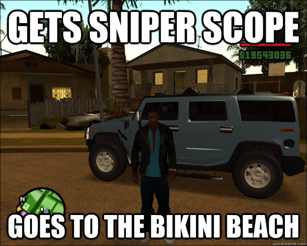 Gets sniper scope Goes to the bikini beach - Gets sniper scope Goes to the bikini beach  gta sniper