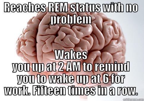 REACHES REM STATUS WITH NO PROBLEM WAKES YOU UP AT 2 AM TO REMIND YOU TO WAKE UP AT 6 FOR WORK. FIFTEEN TIMES IN A ROW. Scumbag Brain