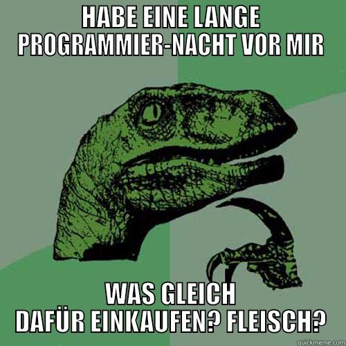 HABE EINE LANGE PROGRAMMIER-NACHT VOR MIR WAS GLEICH DAFÜR EINKAUFEN? FLEISCH? Philosoraptor