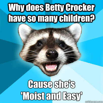 Why does Betty Crocker have so many children? Cause she's
'Moist and Easy' - Why does Betty Crocker have so many children? Cause she's
'Moist and Easy'  Lame Pun Coon