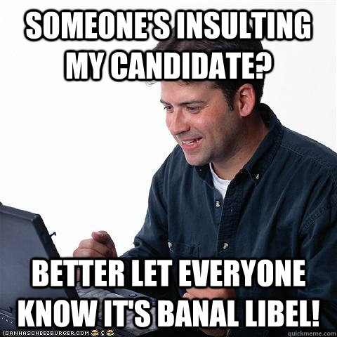 someone's insulting my candidate? better let everyone know it's banal libel!  Net noob