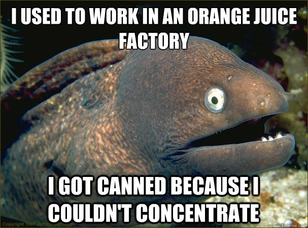 i used to work in an orange juice factory i got canned because i couldn't concentrate  Bad Joke Eel